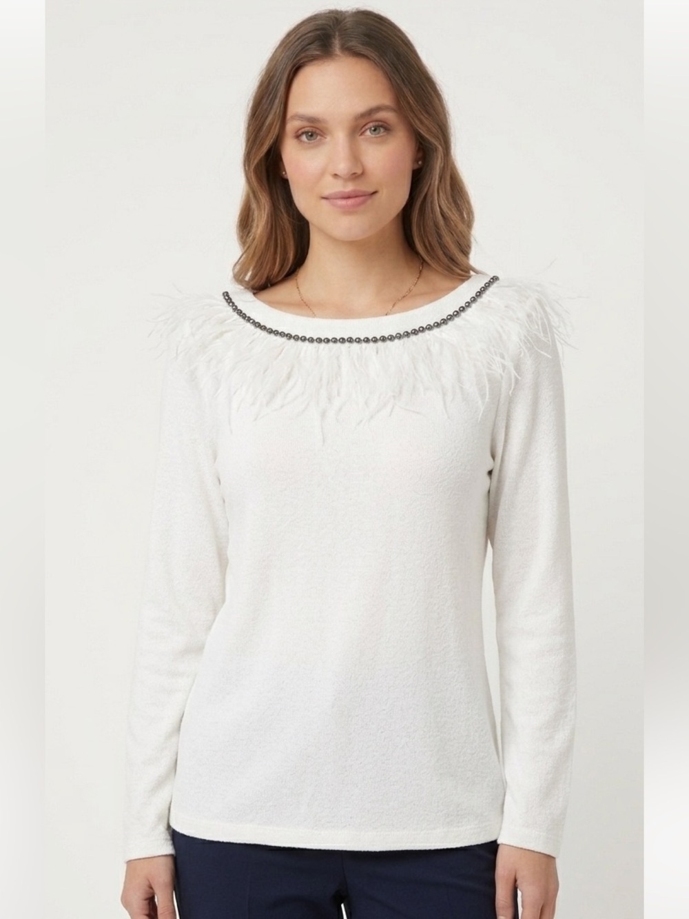 Elegant White Feather-Trimmed Knit Top
